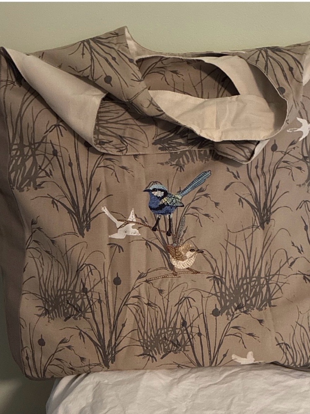 Embroidered Bird Canvas Tote Bag in Taupe with Blue Accent